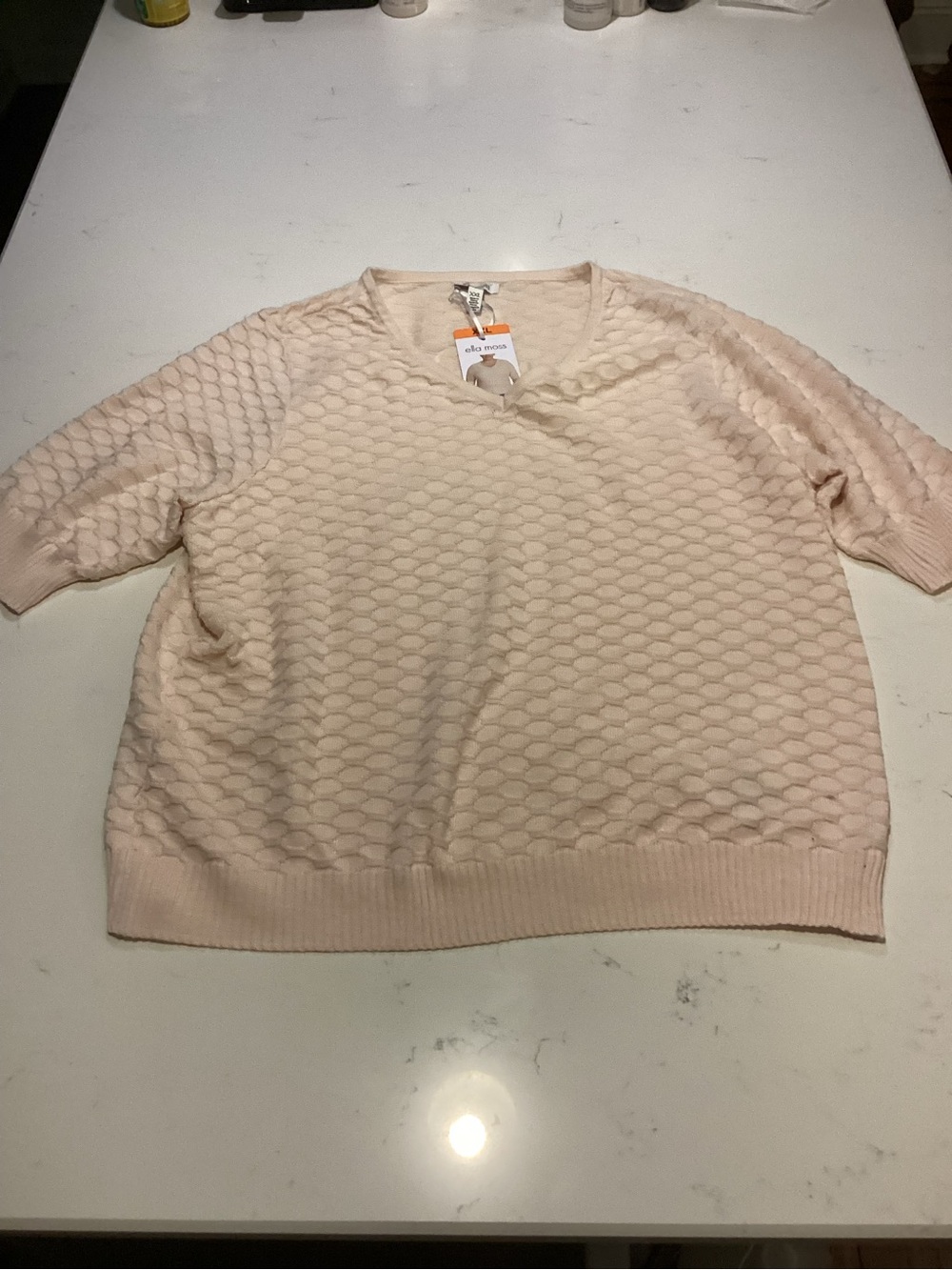 Ella Moss Pale Blush Textured V-Neck Short Sleeve Sweater